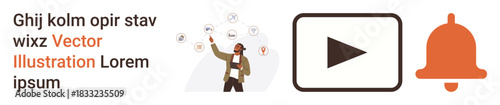 Communication, social media, notifications, technology, branding, business strategy. Businessman pointing to floating icons, next to play button and notification bell. Communication and social media