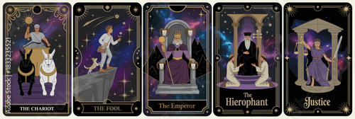Set of detailed tarot cards with ornate black and gold borders, cosmic purple-blue backgrounds. Includes The Chariot, The Fool, The Emperor, The Hierophant, Justice in elegant mystical style