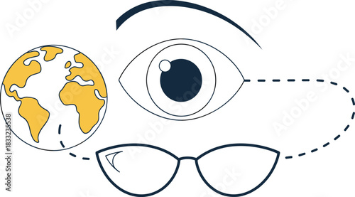 Minimalist global vision illustration, eye and eyeglasses concept, world observation design, travel insight artwork, modern line art graphic style