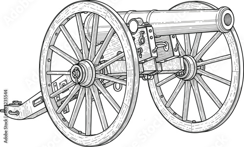 Vintage cannon line art illustration, antique artillery weapon drawing, historical military equipment design, old war machine sketch