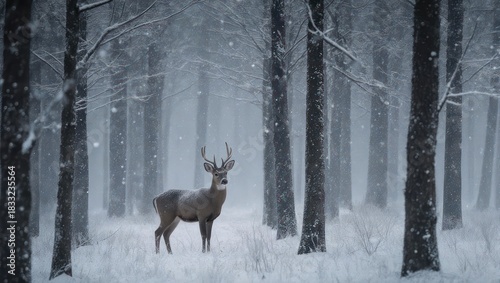 Majestic Deer in Winter Forest - A Serene Wildlife Encounter.