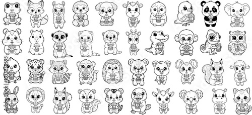 A captivating assembly of whimsical animal illustrations in a charming, black and white outline style, perfect for children's projects, educational materials. vector illustration