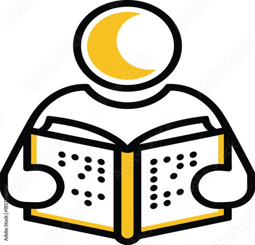Minimalist icon of a person reading a Braille book with crescent moon symbol, accessibility education concept, inclusive learning illustration design