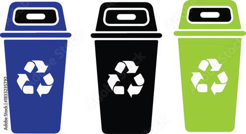 Recycle Bin Vector Icons Set. Eco-Friendly Waste Management Concept. Colourfull recycle bins for waste sorting and management icon.