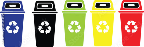 Recycle Bin Vector Icons Set. Eco-Friendly Waste Management Concept. Colourfull recycle bins for waste sorting and management icon