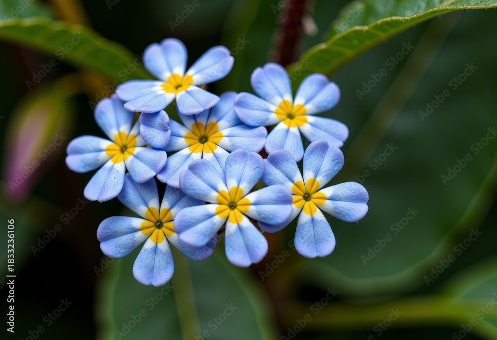 Fototapeta premium Close-up of Vibrant Blue and Yellow Petaled Flowers Set Against Dark Green Foliage in Lush Natural Environment