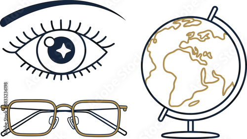 Minimalist line art illustration of eye, eyeglasses, and world globe, symbolizing vision, travel, exploration, learning, global perspective, creativity