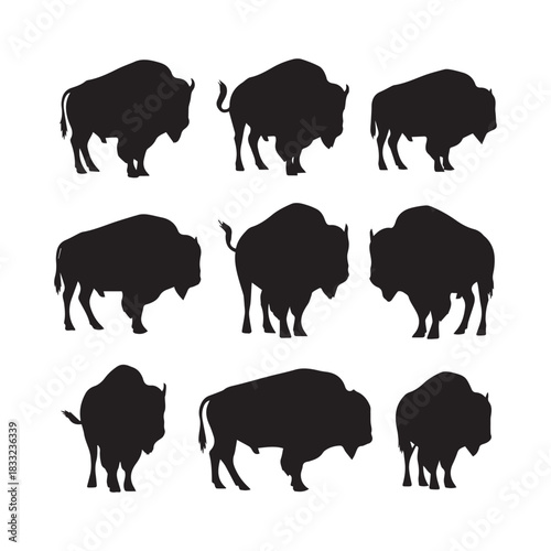 bison silhouettes collection, bison silhouette, wild animal vector, buffalo outline, prairie wildlife