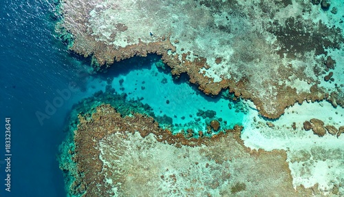 A breathtaking aerial view of a vibrant coral reef lagoon, an idyllic paradise for a dream holiday destination