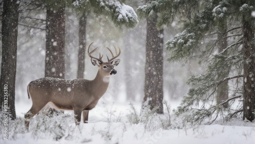 Majestic Deer in Winter Wonderland - A Snowy Forest Encounter.