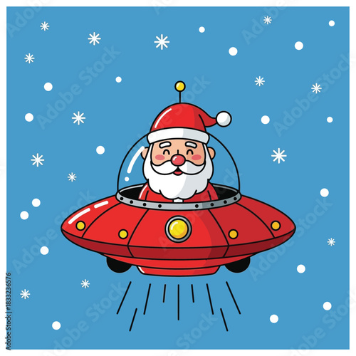 A playful flat vector illustration of Santa peeking from a red flying saucer amid falling snow on a bright blue festive winter background