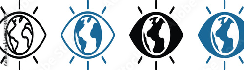 Set of four minimalist global vision icons combining earth and eye symbols representing worldwide awareness, sustainability, observation, environmental focus, design