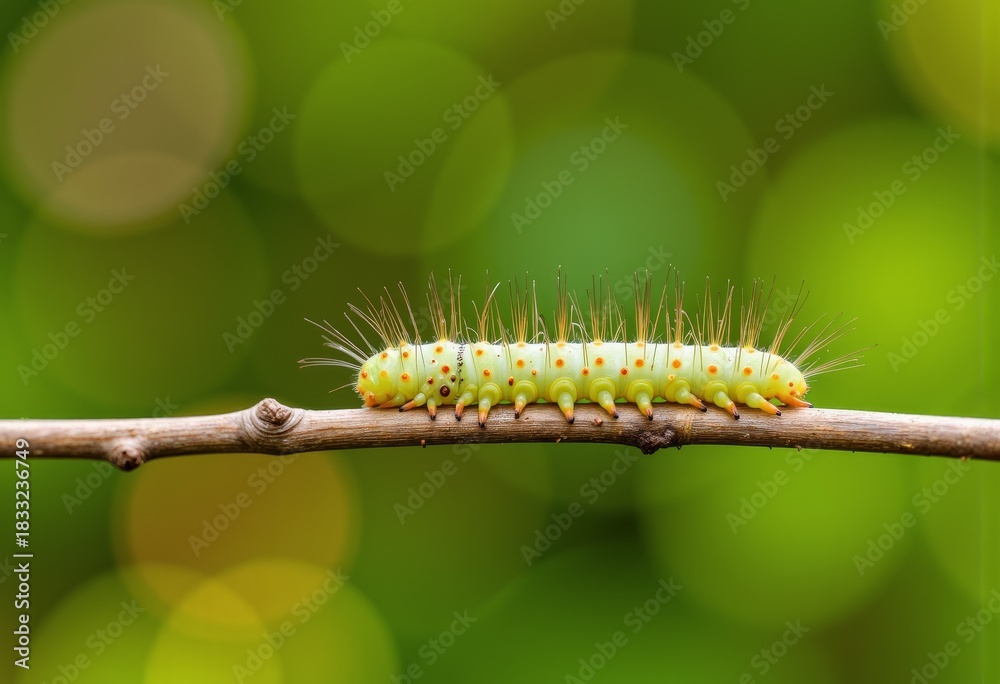 Fototapeta premium Vibrant green caterpillar with delicate spines and dotted patterns crawling along a slender twig against a lush, out-of-focus verdant background