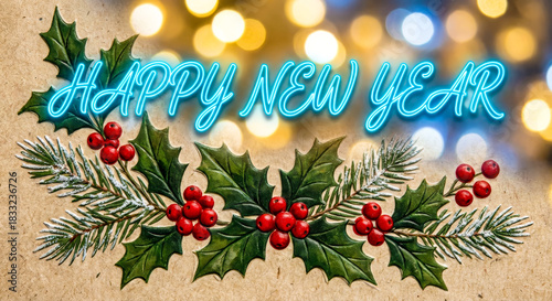 Happy New Year blue neon typography with holly leaves and red berries on craft paper.
