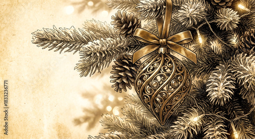 A vintage monochrome drawing depicting an ornate Christmas bauble hanging from a fir branch with a bow.