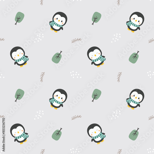 Cute Animal pattern seamless Little Penguin woth background tree and snow