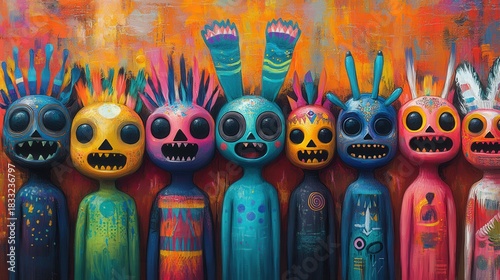 A vibrant display of colorful, stylized figures with expressive features and unique designs, set against a vivid abstract background.