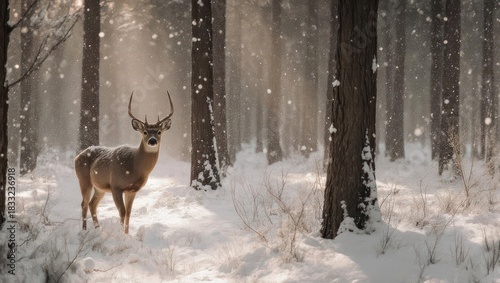 Majestic Deer Standing in a Snowy Winter Forest.