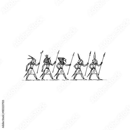 Ancient egyptian warriors marching with spears in a row in black and white line art style illustration
