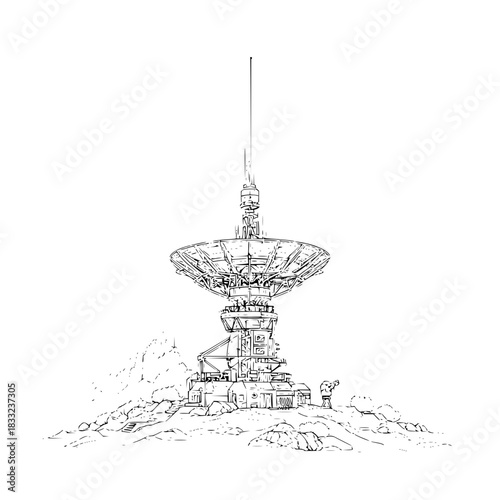 Satellite dish communication tower on a rocky landscape with a small figure standing nearby