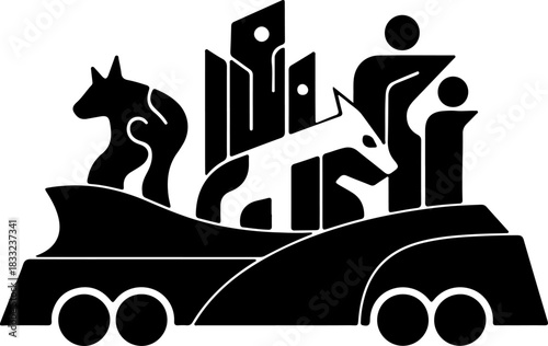 Illustration of a parade float with stylized animals and figures in a line