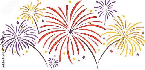 Colorful fireworks in vector style, exploding with bright hues, set against a transparent background.