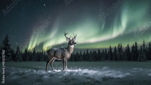 Majestic Deer Under the Aurora Borealis in Winter Wonderland.