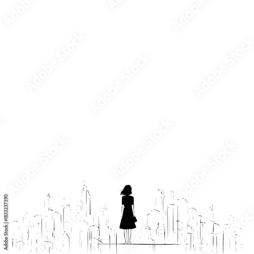 Silhouette of a woman overlooking a city skyline in a minimalist black and white illustration