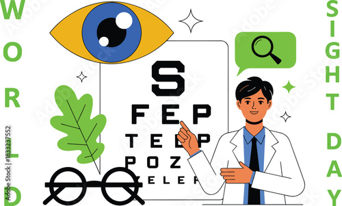 World Sight Day eye care illustration with optometrist, eye chart, glasses, vision test, healthcare awareness design for medical campaigns promotion