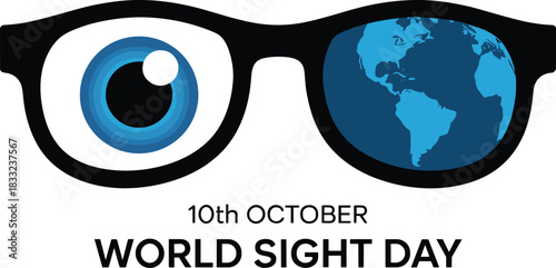 World Sight Day design, vision awareness poster, eye health graphic, globe in glasses illustration, optometry artwork, international eye care campaign image