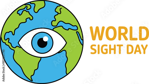 World Sight Day global eye logo design, vision awareness illustration, earth and eye symbol promoting eye health, optometry, eyesight protection