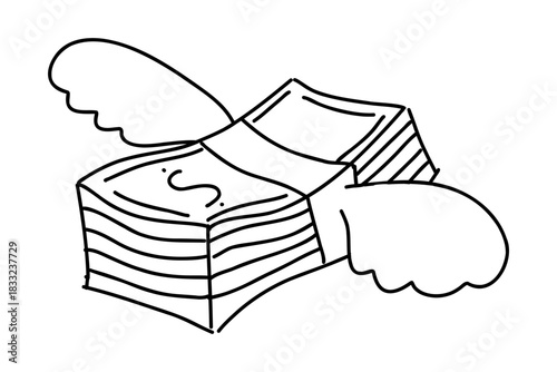 Flying money doodle paper banknote with wings hand drawn. Dollar doodle sign symbol Hand drawn Dollar Line sketch cash. Simple outline icon.