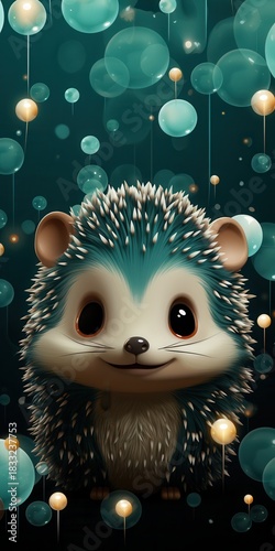 A cute cartoon hedgehog with sparkling blue and golden bubbles in a whimsical background.