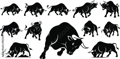 Dynamic bull silhouettes a powerful collection of charging and grazing cattle
