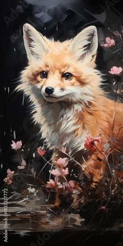 A majestic orange fox stands gracefully among delicate pink flowers, exuding a sense of curiosity and charm.
