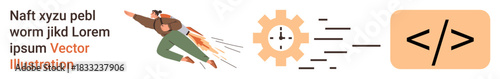 Software development, programming innovation, tech productivity, automation, code compilation, process optimization. Programmer in motion toward a gear and coding symbol. Software development