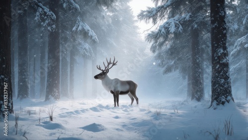 Majestic Reindeer in a Snowy Winter Forest Wonderland.