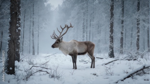 Majestic Reindeer Standing in a Snowy Winter Forest Landscape.
