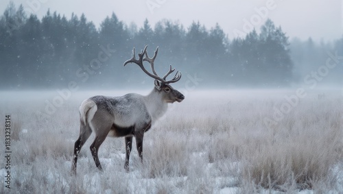 Majestic Reindeer Standing in a Snowy Field on a Foggy Day.