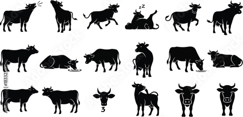 Silhouette collection of farm animals cows goats and bulls