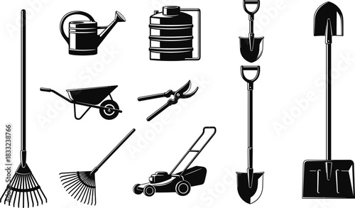 Collection of gardening tools and equipment icons including shovel rake wheelbarrow watering can lawn mower and pruning shears isolated vector set