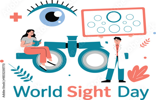 World Sight Day illustration, eye care awareness, optometry checkup, vision test chart, ophthalmology concept, medical eye examination, health education graphic design