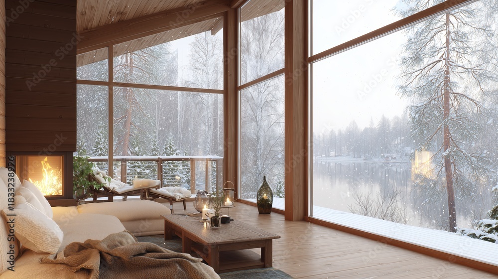 Fototapeta premium Cozy winter retreat with large windows overlooking snowy landscape and tranquil lake