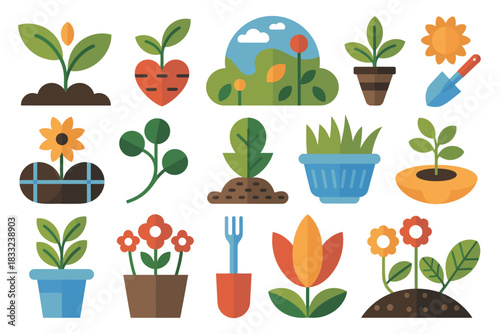 Illustration of various plants flowers and gardening tools on white