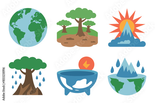 Illustrations depicting earth elements and environmental concepts