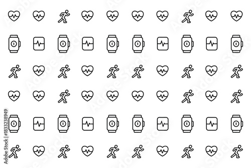 Repeating pattern of fitness trackers heart rate and running icons