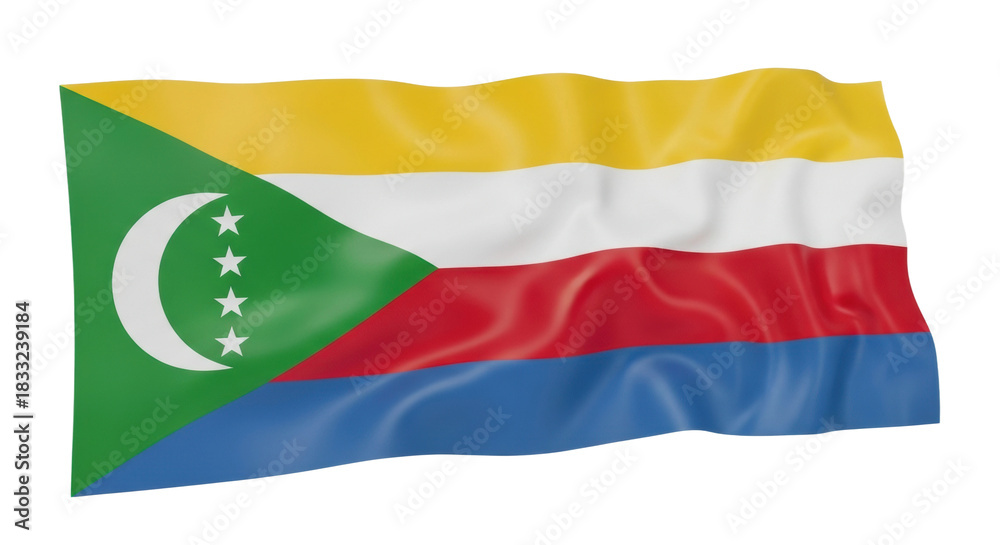 Fototapeta premium Colorful striped national flag with a green triangle, white crescent moon, and four stars waving gently in a realistic 3D render with soft lighting and fabric texture