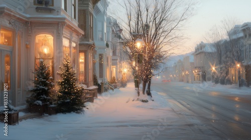Fototapeta Naklejka Na Ścianę i Meble -  Winter evening street view of a charming town with festive lights and snow
