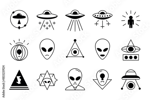 Collection of black and white alien and ufo themed icons and symbols on white background