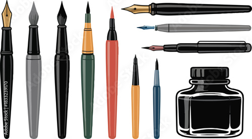 Artistic Pens and Ink Bottles for Writing and Calligraphy on Transparent Background with Detailed Line Work Exactly 130 Characters Here